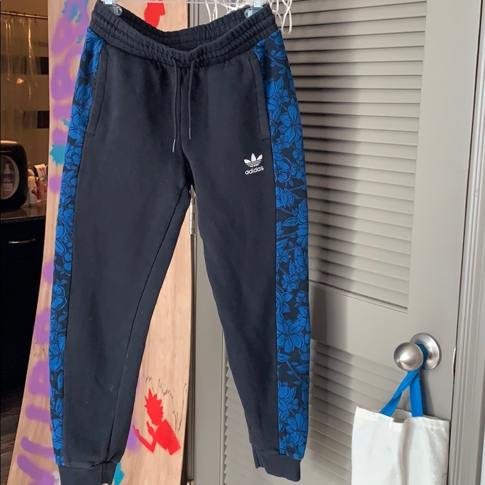 Adidas Black w/ Blue Floral Print Sweatpants